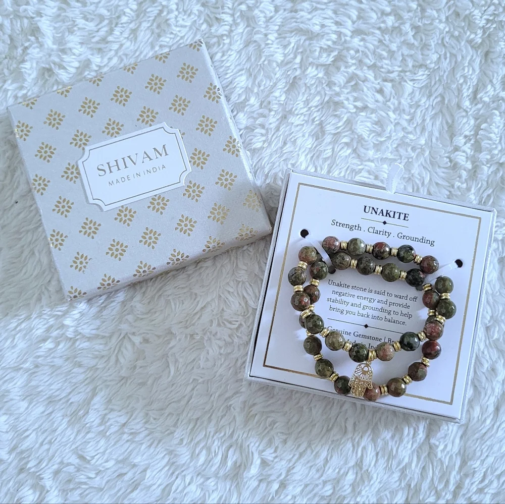 Shivam Unakite Stretch Bracelet Duo✌️ with Hamsa🤚Charm - NIB - Picture 8 of 15